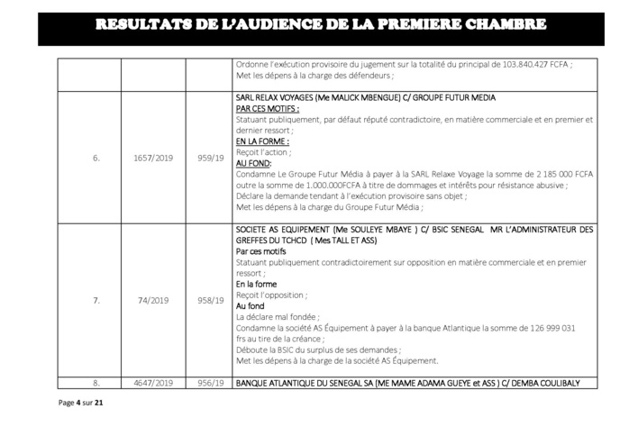 Tribunal du Commerce: Délibérés des Audiences de la Première Chambre du mercredi 3 juillet 2019