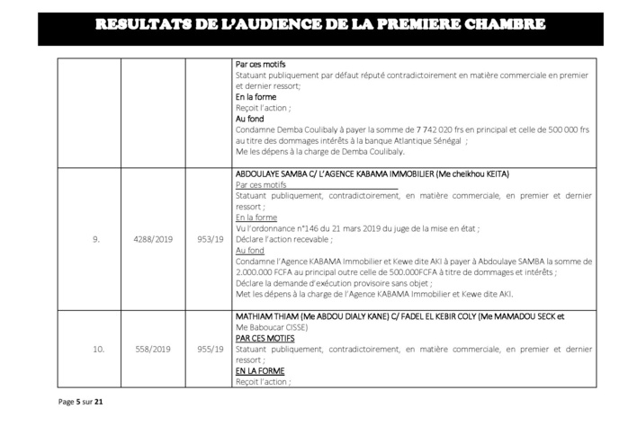 Tribunal du Commerce: Délibérés des Audiences de la Première Chambre du mercredi 3 juillet 2019