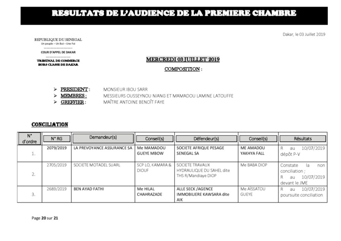 Tribunal du Commerce: Délibérés des Audiences de la Première Chambre du mercredi 3 juillet 2019