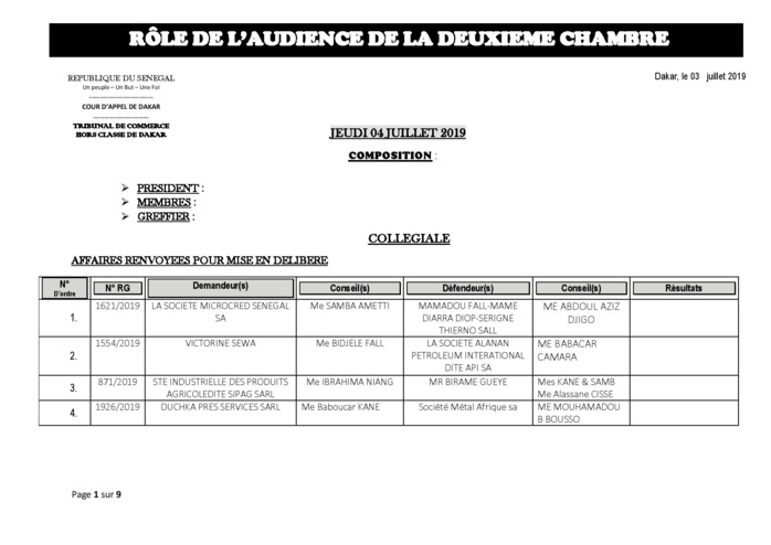 Tribunal du Commerce: Audiences de la 2e Chambre de ce jeudi 7 juillet 2019