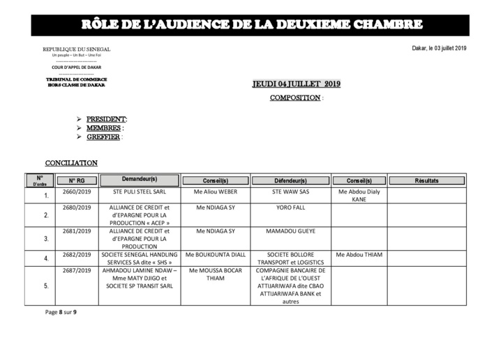 Tribunal du Commerce: Audiences de la 2e Chambre de ce jeudi 7 juillet 2019