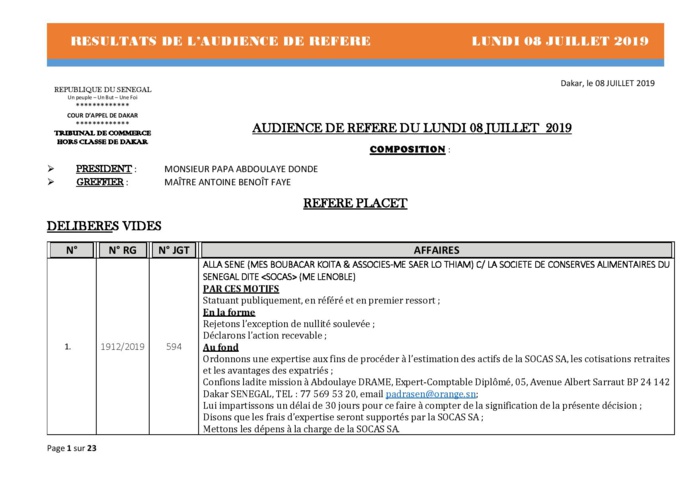 Tribunal du Commerce: Délibérés Audiences des Référés du lundi 8 juillet 2019