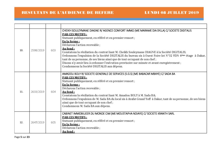 Tribunal du Commerce: Délibérés Audiences des Référés du lundi 8 juillet 2019