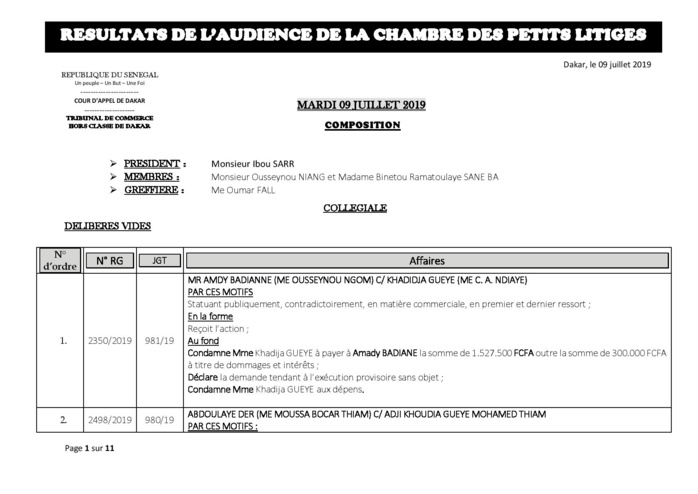 Tribunal du Commerce: Délibérés des Audiences du mardi 9 juillet 2019