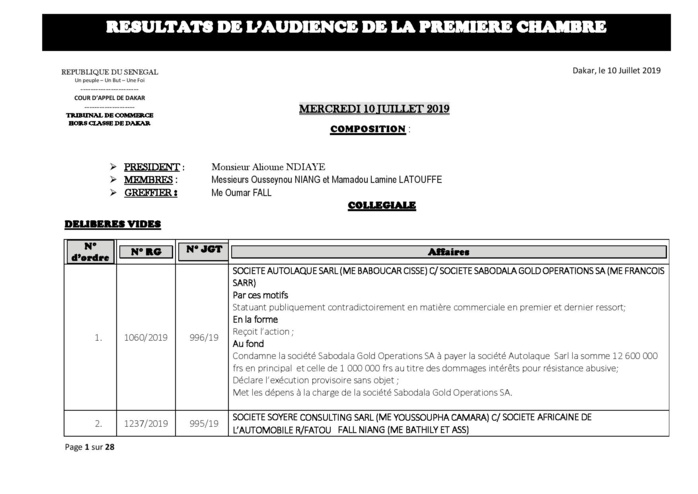 Tribunal du Commerce : Délibérés des Audiences de la Première Chambre du mercredi 10 juillet 2019