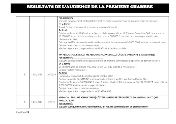 Tribunal du Commerce : Délibérés des Audiences de la Première Chambre du mercredi 10 juillet 2019