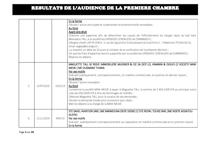 Tribunal du Commerce : Délibérés des Audiences de la Première Chambre du mercredi 10 juillet 2019