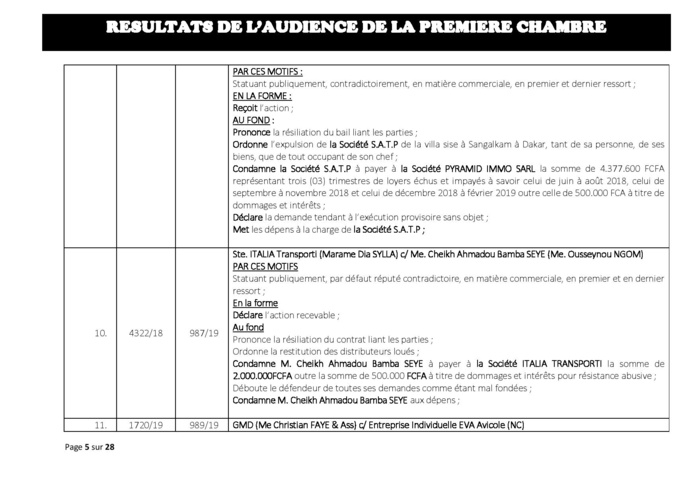 Tribunal du Commerce : Délibérés des Audiences de la Première Chambre du mercredi 10 juillet 2019