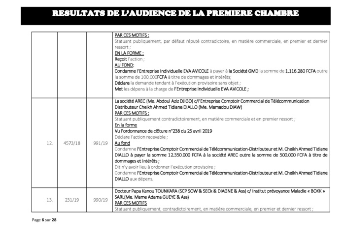 Tribunal du Commerce : Délibérés des Audiences de la Première Chambre du mercredi 10 juillet 2019