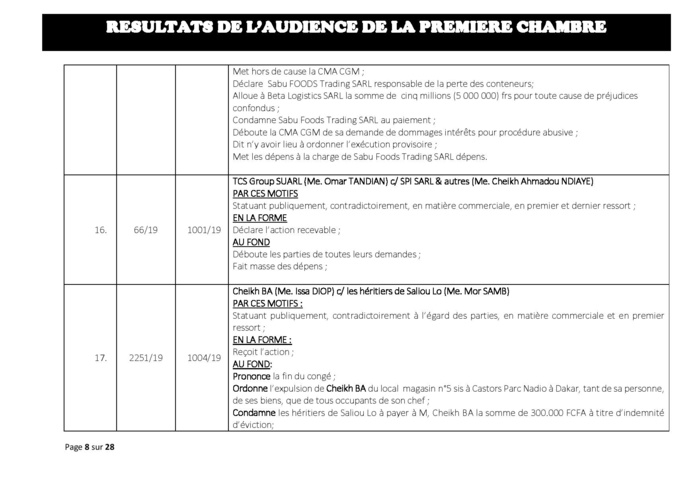 Tribunal du Commerce : Délibérés des Audiences de la Première Chambre du mercredi 10 juillet 2019