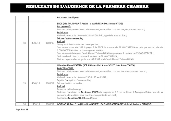 Tribunal du Commerce : Délibérés des Audiences de la Première Chambre du mercredi 10 juillet 2019