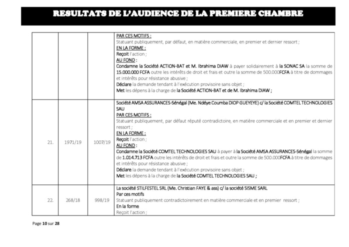 Tribunal du Commerce : Délibérés des Audiences de la Première Chambre du mercredi 10 juillet 2019