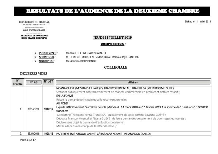 Tribunal du Commerce: Délibérés des Audiences de la 2e Chambre du jeudi 11 juillet 2019