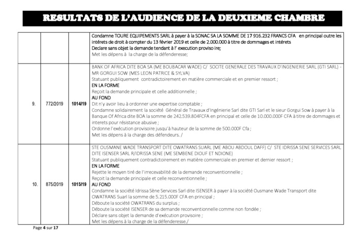 Tribunal du Commerce: Délibérés des Audiences de la 2e Chambre du jeudi 11 juillet 2019