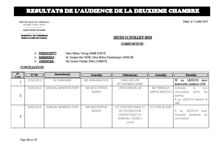 Tribunal du Commerce: Délibérés des Audiences de la 2e Chambre du jeudi 11 juillet 2019