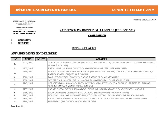 Tribunal du Commerce: Audiences des Référés de ce lundi 15 juillet 2019