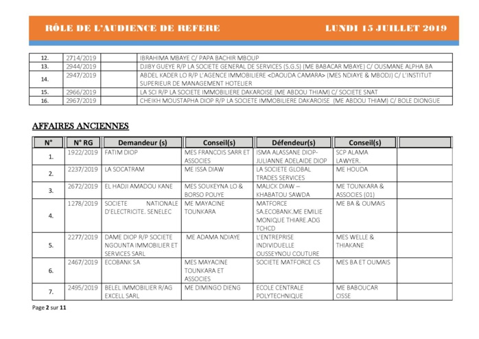 Tribunal du Commerce: Audiences des Référés de ce lundi 15 juillet 2019