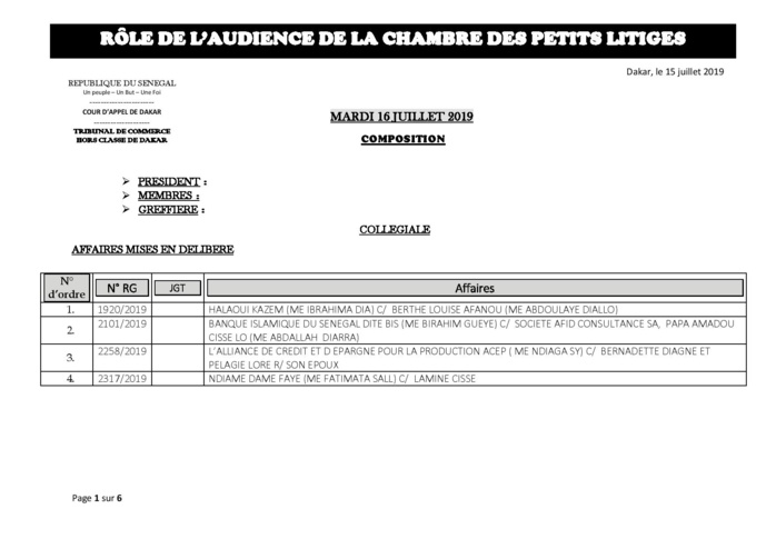 Tribunal du Commerce: Audiences de la Chambre des Petits Litiges de ce mardi 16 juillet 2019