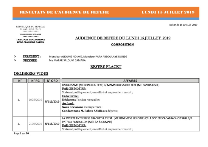 Tribunal du Commerce: Délibérés des Audiences du lundi 15 juillet 2019