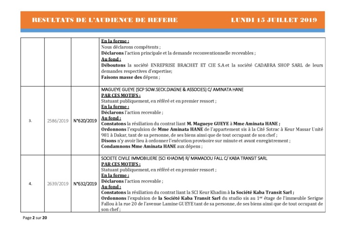 Tribunal du Commerce: Délibérés des Audiences du lundi 15 juillet 2019