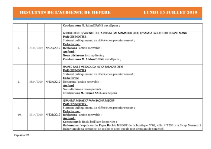 Tribunal du Commerce: Délibérés des Audiences du lundi 15 juillet 2019