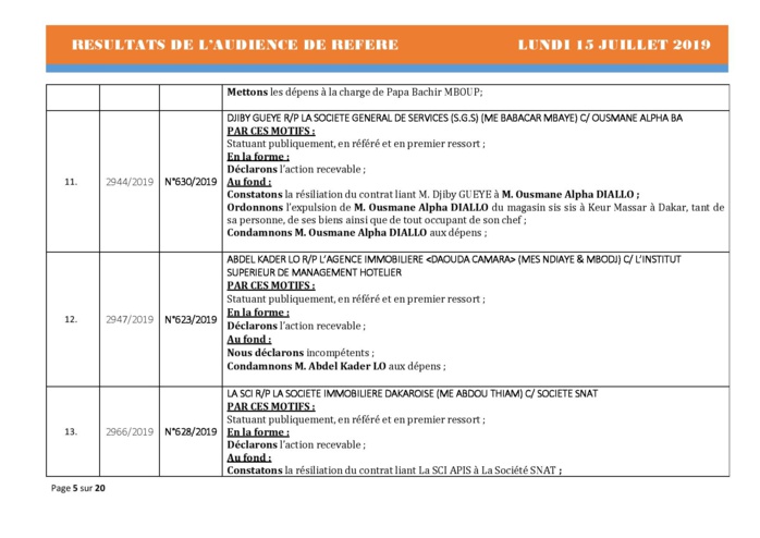 Tribunal du Commerce: Délibérés des Audiences du lundi 15 juillet 2019