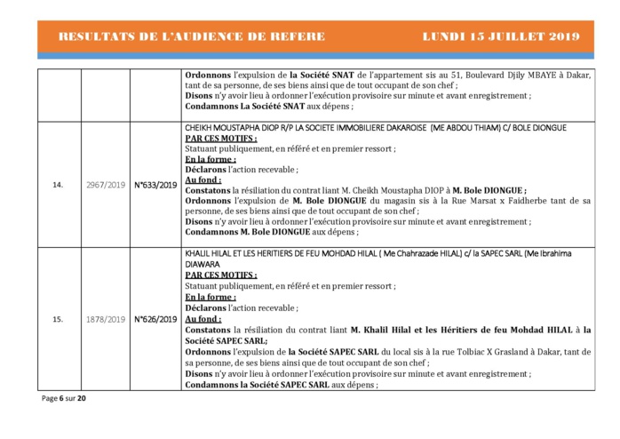 Tribunal du Commerce: Délibérés des Audiences du lundi 15 juillet 2019