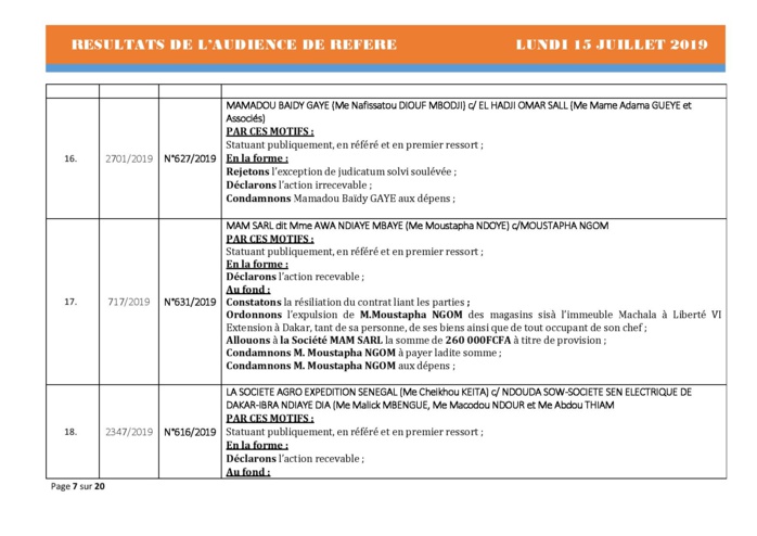 Tribunal du Commerce: Délibérés des Audiences du lundi 15 juillet 2019