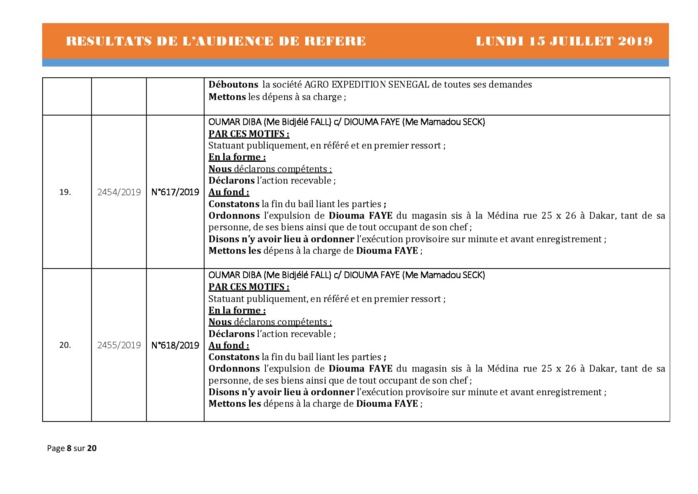 Tribunal du Commerce: Délibérés des Audiences du lundi 15 juillet 2019