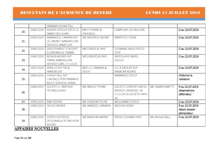 Tribunal du Commerce: Délibérés des Audiences du lundi 15 juillet 2019