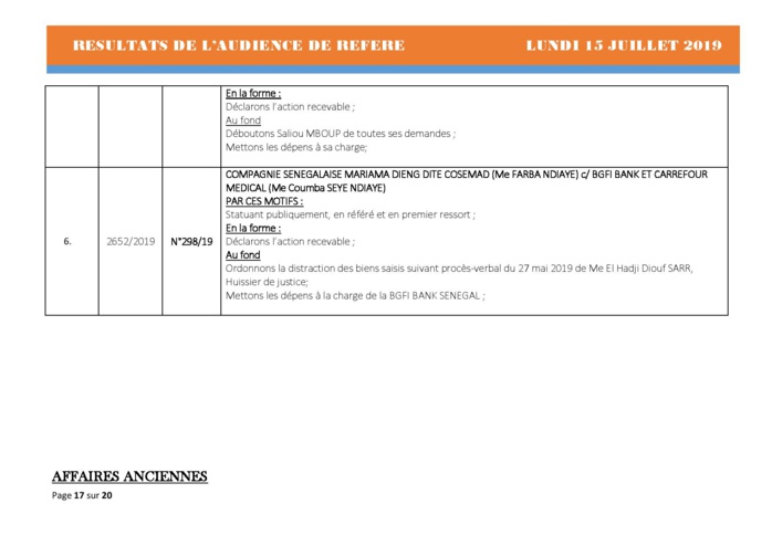 Tribunal du Commerce: Délibérés des Audiences du lundi 15 juillet 2019