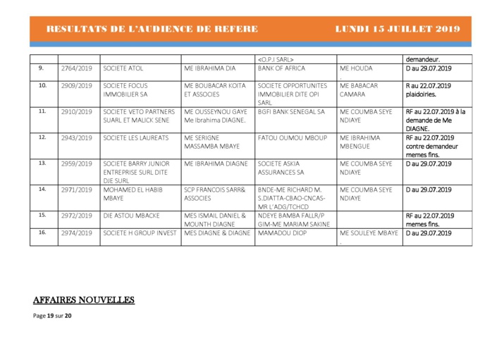 Tribunal du Commerce: Délibérés des Audiences du lundi 15 juillet 2019