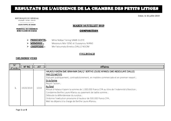 Tribunal du Commerce: Délibérés des Audiences du mardi 16 juillet 2019