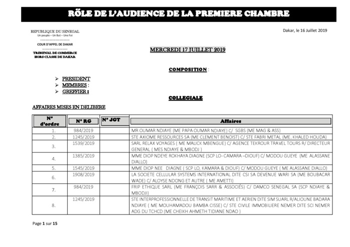 Tribunal du Commerce: Audiences de la Première Chambre de ce mercredi 17 juillet 2019