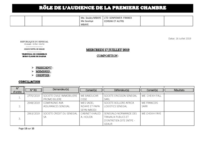 Tribunal du Commerce: Audiences de la Première Chambre de ce mercredi 17 juillet 2019