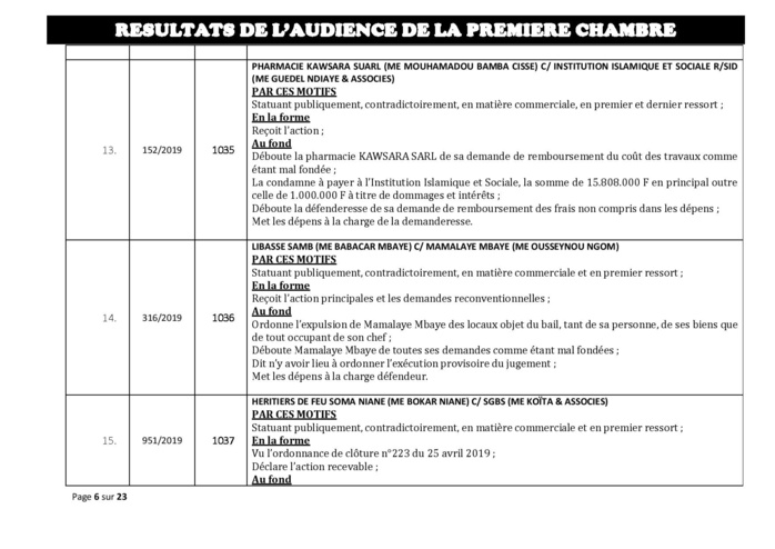 Tribunal du Commerce: Délibérés des Audiences du mercredi 17 juillet 2019