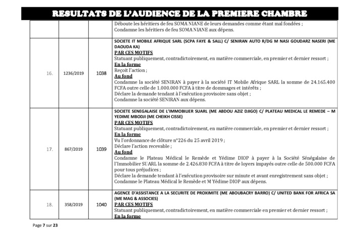 Tribunal du Commerce: Délibérés des Audiences du mercredi 17 juillet 2019