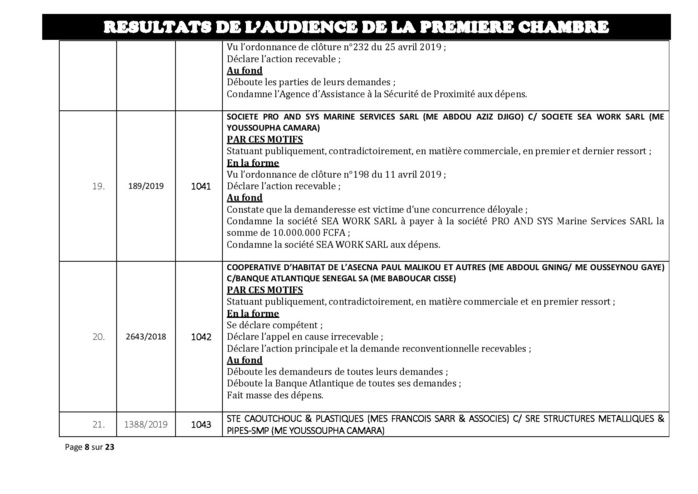 Tribunal du Commerce: Délibérés des Audiences du mercredi 17 juillet 2019