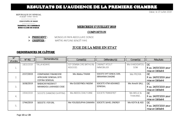 Tribunal du Commerce: Délibérés des Audiences du mercredi 17 juillet 2019