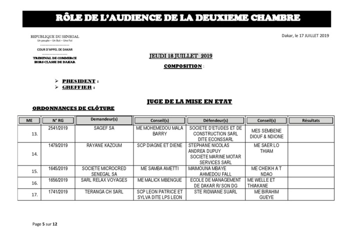 Tribunal du Commerce: Audiences de la 2e Chambre de ce jeudi 18 juillet 2019