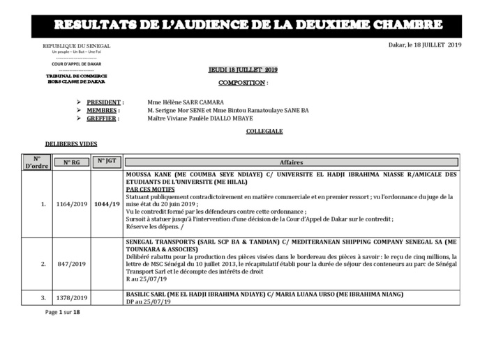 Tribunal du Commerce: Délibérés des Audiences du jeudi 18 juillet 2019