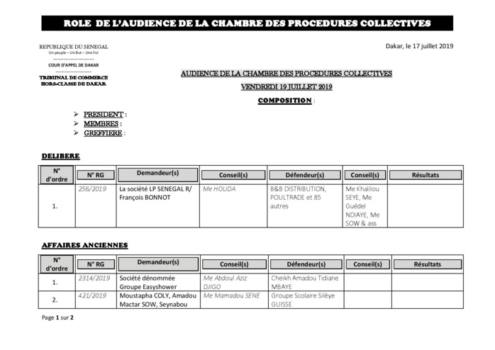 Audiences de la Chambre des Procédures Collectives de ce vendredi 19 juillet 2019