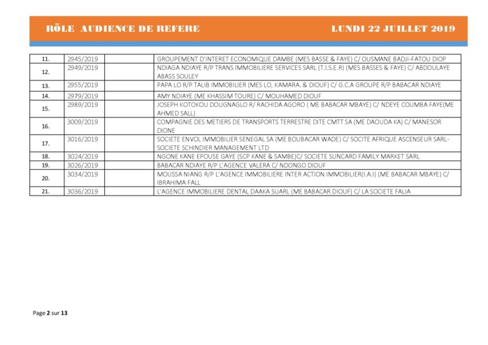 Tribunal du Commerce: Audiences des Référés de ce lundi 22 juillet 2019