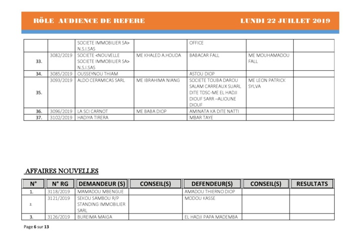 Tribunal du Commerce: Audiences des Référés de ce lundi 22 juillet 2019