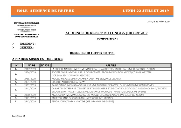 Tribunal du Commerce: Audiences des Référés de ce lundi 22 juillet 2019