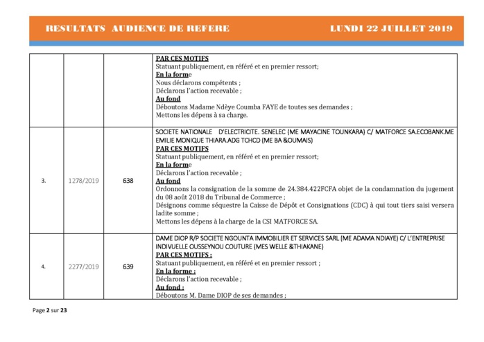 Tribunal du Commerce: Délibérés Audiences des Référés du lundi 22 juillet 2019