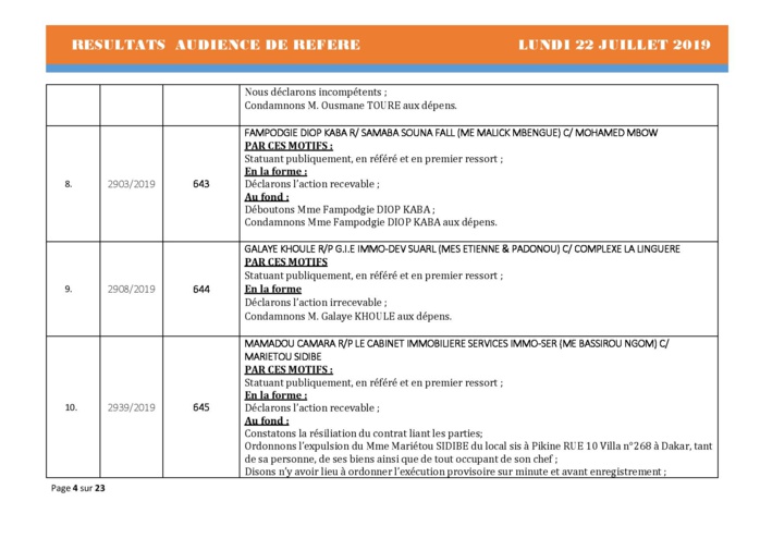 Tribunal du Commerce: Délibérés Audiences des Référés du lundi 22 juillet 2019