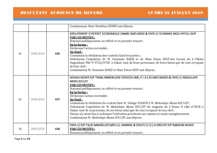 Tribunal du Commerce: Délibérés Audiences des Référés du lundi 22 juillet 2019