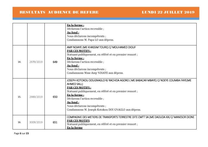 Tribunal du Commerce: Délibérés Audiences des Référés du lundi 22 juillet 2019