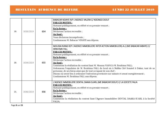 Tribunal du Commerce: Délibérés Audiences des Référés du lundi 22 juillet 2019